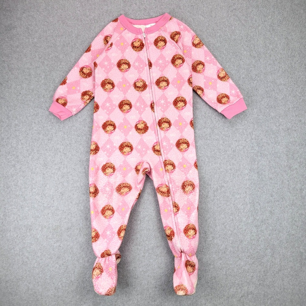 Strawberry Shortcake Footed Pajamas Kids 3T Pink Fleece Y2K Character Print 2005